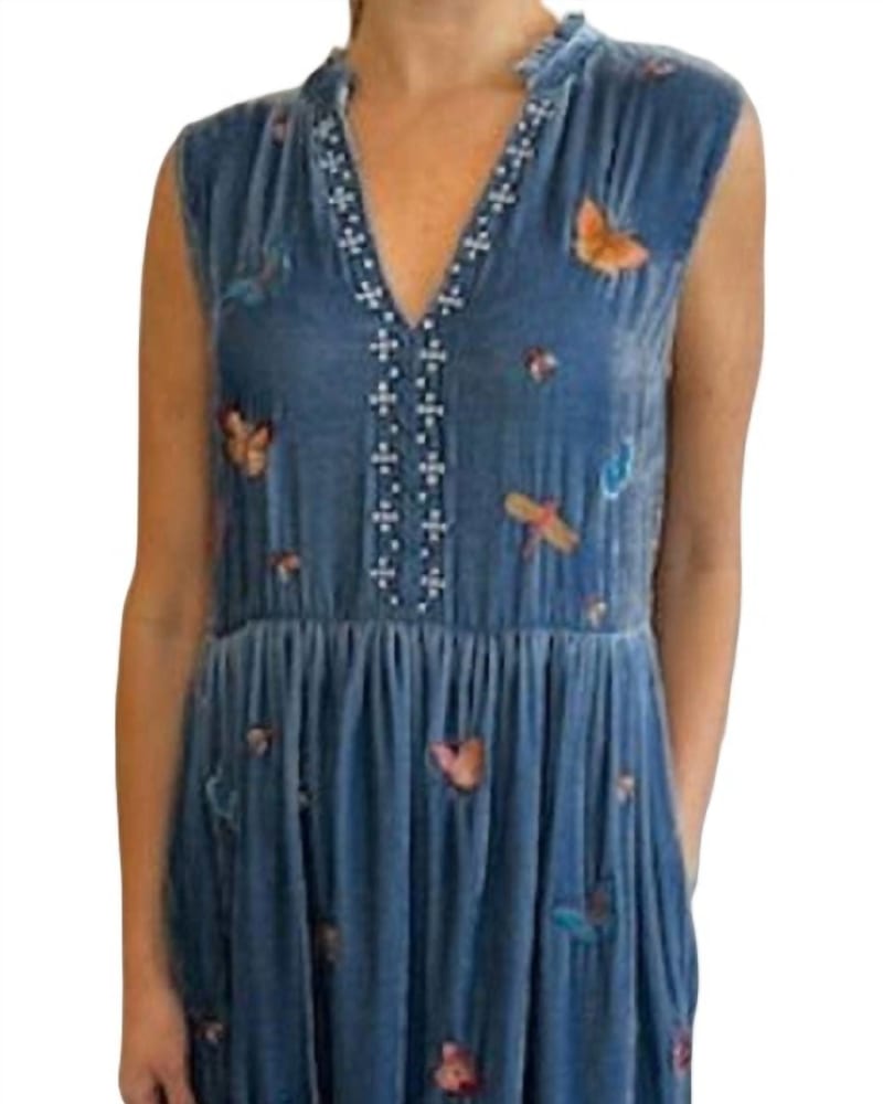 Front of a model wearing a size Large Monarca Velvet Ruffle Nect Tank Dress In Denim Indigo in Denim Indigo by Johnny Was. | dia_product_style_image_id:346733